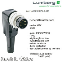 Connecteur circulaire Lumberg M16 Din Plug: Version mâle à angle droit 3/4/5/6/7/8/12 pôles, IP40, diamètre du câble 4 à 6 mm