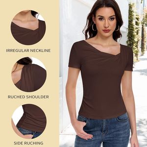 Haut court asymétrique pour femmes, manches courtes, coupe ajustée, chemise basique en polyester et coton, haut en tricot doux pour l'été - Product Image 4