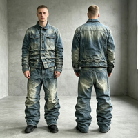 Ensemble de veste en jean vintage américain brodée et respirante pour homme, style sportif, automne, et jean micro-évasé, personnalisé par le fabricant