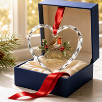 Ornement en verre cristal transparent personnalisé avec motif floral saisonnier en forme de cœur, ornement en verre cristal pour souvenir de Noël