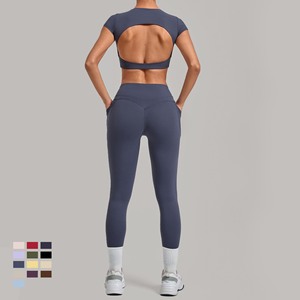 Ensemble de <span class=keywords><strong>yoga</strong></span> 2 pièces YIYI : Haut de <span class=keywords><strong>yoga</strong></span> à col rond et dos nu, Leggings taille haute effet push-up avec double poche latérale – Tenue de sport et fitness - Product Image 4