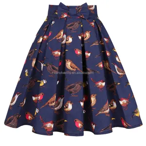 Navy Blue Birds Printed Women Summer Skirt Plus Size SS0012 Korean Y2K ropa mujer Cotton 50s Vintage Pleated Midi Skirt