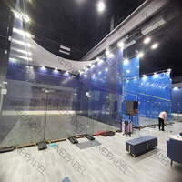 Terrain de squash doré avec verre trempé de 12 mm, sol en bois, joints en acier inoxydable, garantie 10 ans, pour matchs professionnels