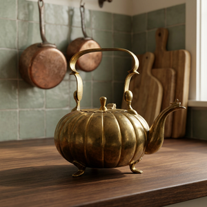 Vintage Brass Pumpkin Shape Tea Kettle With <b>Lid</b> And Handle Metal Water <b>Pot</b> - Product Image 4