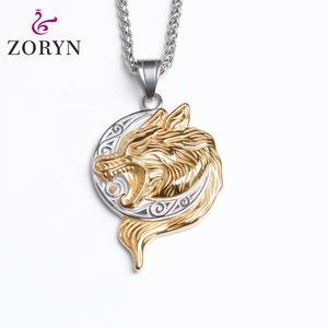 Colgante de Cabeza de Lobo de Acero Inoxidable Dorado, Media Luna Plateada, Estilo Celta Vikingo Gótico Vintage, Joyería de Moda de Acero de Titanio para Hombre - Product Image 1