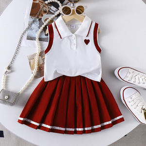 Ropa Infantil para Comercio Exterior, Ropa Infantil Europea y Americana, Chaleco Blanco, Falda Plisada Color Vino Tinto, 3-7 Años - Product Image 1