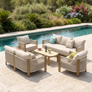 Ensemble de canapés de jardin en corde tressée pour l'extérieur, structure en bois de teck, mobilier de conversation pour patio, villa, hôtel, cour. - Product Image 1
