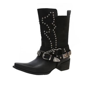 Femmes Noir Punk Style pour Martin Bottes Col En V <span class=keywords><strong>Chelsea</strong></span> Jambe Bottes Clouté Bout Pointu Solide Western Cowboy Hiver Automne Printemps - Product Image 1