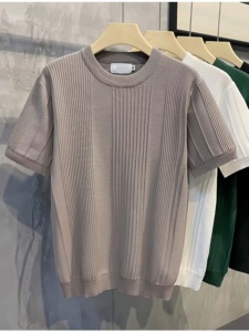T-<span class=keywords><strong>shirt</strong></span> uni à manches courtes en soie glacée tricotée fine pour <span class=keywords><strong>homme</strong></span>, 180 grammes, collection été 2026 - Product Image 1