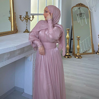 Robe islamique modeste pour femmes, robe longue plissée rose à col haut et manches bouffantes, vêtements islamiques