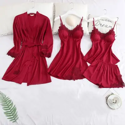 2019 Manufacturers Soft Ladies pajama Sexy Women 4 pieces Pajama Silk Satin Sleepwear Sets Cheap pajama set