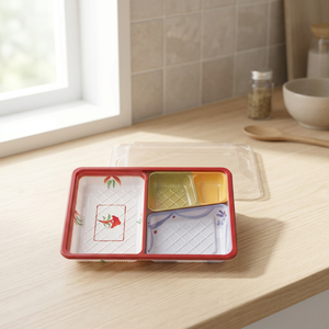 Traditional Chinese Style >3-Compartment Disposable Plastic Bento <b>Box</b> <b>Lid</b> Microwavable Portable Lunch Container Red Rectangle - Product Image 2