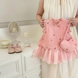 Girls Sleeveless Vest Dress Pink Heart Print Breathable <b>Princess</b> Style Summer Outfit With <b>Bag</b> Included - Product Image 1