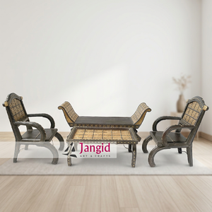 Ensemble de canapés vintage en bois massif 4 places (1+1+2) avec finitions en laiton et table basse, mobilier de salon de luxe antique - Product Image 4