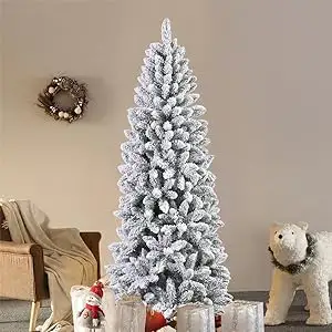 Slim Pencil Xmas Tree With Auto-spread Branches Metal Base Snow Flocked Hinged Artificial Christmas Tree