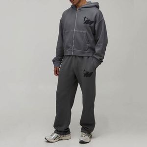 Ensemble de survêtement deux pièces pour homme, personnalisable, uni, avec sweat à capuche zippé gris chiné clair et pantalon de survêtement à jambes larges - Product Image 1