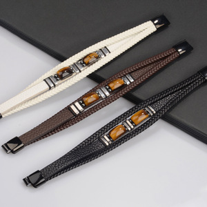 Unterstützt Individuelles Logo Doppel-Tigerauge-Stein Armband Edelstahl Magnetverschluss Handgewebtes Mehrschichtiges Lederarmband - Product Image 2