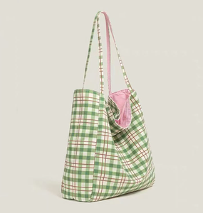 Women's casual checkered <b>canvas</b> <b>handbag</b>, casual checkered shoulder bag, daily shopping multi-purpose shopping bag - Product Image 4