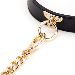 Adjustable Black Leather Dog <b>Collar</b> With Gold Chain <b>Leash</b> For Adult <b>Pets</b> Neck Brace Use - Product Image 4