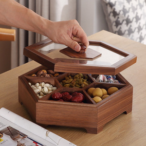 Plateau à fruits secs en bois de noyer de style japonais avec compartiments pour collations et bonbons, design minimaliste moderne pour la maison - Product Image 1