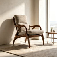 Fauteuil de lecture individuel Wabi Sabi à dossier haut, avec coussin texturé en lin beige et structure ergonomique en fibre de verre creuse et courbée