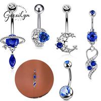 Nouveau piercing de nombril unisexe en acier inoxydable, style punk, avec zircon bleu, motif planète, fleur et lune, design simple