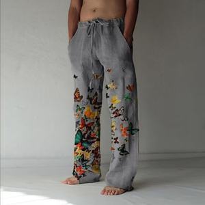 Pantalons décontractés pour hommes, printemps et automne 2025, nouveaux pantalons imprimés papillon, coton et lin, pantalons imprimés amples |   Vente directe d'usine - Product Image 3