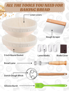 Factory Natural Rattan Eco-Friendly Bread Proofing Basket <b>Set</b> Sourdough <b>Baking</b> Kit 2 Baskets 2 Liners Danish Whisk Dough Scraper - Product Image 6