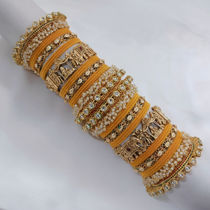 Gold Plated Meenakari Velvet <b>Bangles</b> <b>Set</b> with Pota Stone and Pearl Elegant Pearl Bracelets - Product Image 2