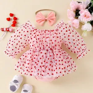 2024 Spring Heart Print Langarm Tüll Bodysuit Schleifen Stirnband Baby Girl Valentinstag Stram pler