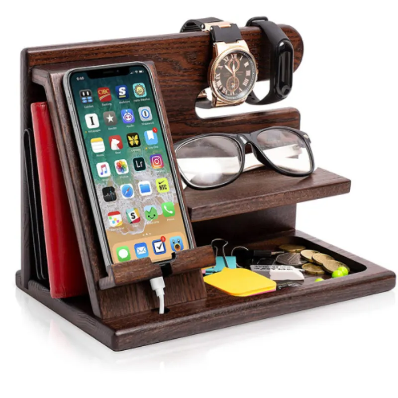 Amazon Top seller Ningbo Phone accessories Desktop Office Men Wallet Key Glasses Organizer Nightstand Wood Phone Holder