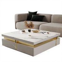 Table basse carrée moderne de luxe en pierre frittée avec piètement en acier inoxydable doré, tables de salon avec rangement pour le thé
