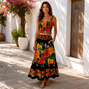 Modern Floral Print Knee-Length Halter Neck Boho A-Line Rayon Eco-Friendly Breathable <b>Loose</b> Summer <b>Dress</b> Sleeveless Elastic - Product Image 1