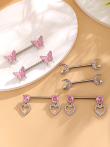 5 paia 14G di anelli per capezzoli in acciaio inox CZ cuore farfalla bilanciere linguetta Piercing gioielli zircone per il corpo da donna - Product Image 4