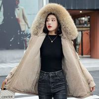HANOU 2024 Nouveau Manteau d'hiver matelassé mi-long à capuche avec grand col en fourrure KYT