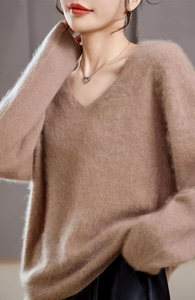 Maglioncino <span class=keywords><strong>in</strong></span> <span class=keywords><strong>Cashmere</strong></span> da <span class=keywords><strong>donna</strong></span> morbido a maniche lunghe stile Mongolia con scollo a V - Product Image 2