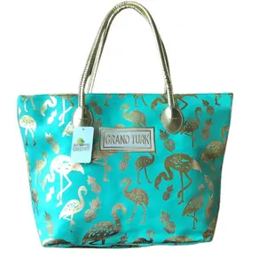 Bolsa de playa con gran volumen, micro etiqueta bordada, elegante, con patrón de flamenco dorado, barra de mano de PU, venta al por mayor