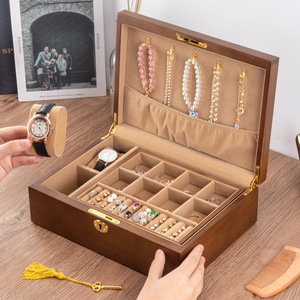 Caja <span class=keywords><strong>de</strong></span> madera maciza <span class=keywords><strong>de</strong></span> dos pisos, caja <span class=keywords><strong>de</strong></span> joyería antigua, pendientes, pulseras, collares, caja <span class=keywords><strong>de</strong></span> joyería, <span class=keywords><strong>cajas</strong></span> <span class=keywords><strong>de</strong></span> almacenamiento <span class=keywords><strong>de</strong></span> madera con cerradura - Product Image 5
