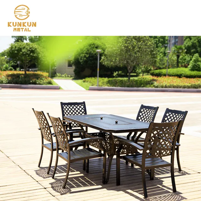 Pabrik asli teras santai 6 kursi Aluminium rotan makan Furniture Set restoran Hotel luar ruangan taman kursi dan meja
