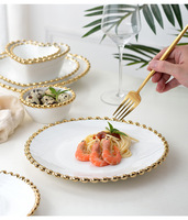 Luxe perle point blanc en céramique or bord dîner ensemble maison Restaurant coeur forme bol et assiettes vaisselle ensembles de vaisselle