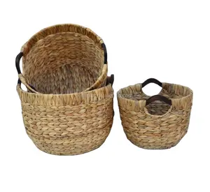 XH round water hyacinth basket with wood handle set of 3