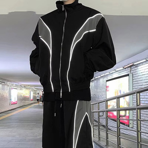 Ensembles pour hommes fermeture éclair col rabattu veste de couleur contrastée réfléchissante pantalon à jambes larges 2025 haute rue hommes survêtements de sport - Product Image 1