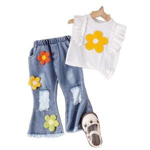 Nouveau produit : Ensemble haut sans manches à volants et patchwork floral pour filles, été, et <span class=keywords><strong>jean</strong></span> à perforations - Product Image 5