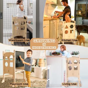 Torre de aprendizaje plegable para niños pequeños, torre de aprendizaje Montessori de madera, taburete para niños con pizarra - Product Image 3