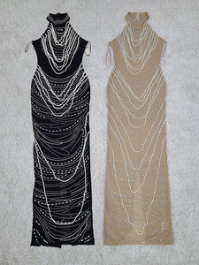 Robe longue noire élégante pour <span class=keywords><strong>femme</strong></span>, luxueuse et sexy, sans bretelles, dos nu, ornée de perles et de paillettes, décontractée, pour soirée et banquet - Product Image 6
