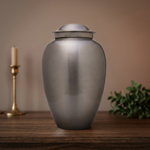 Urne funéraire en aluminium argenté pour cendres, urne commémorative en métal, vase de commémoration rond, présentoir personnalisé - Artisanat indien - Product Image 1