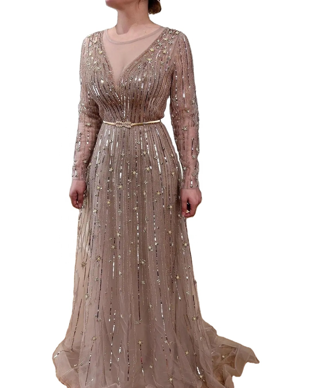 green emerald velvet dress Gold V-Neck Layers A-Line Wedding Guest Dress, Gold / M