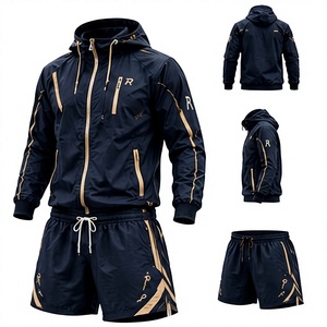 Ensemble de survêtement d'extérieur à capuche uni pour homme, bleu marine, léger, été, séchage rapide, manches longues, style sportif, coupe régulière, short - Product Image 2
