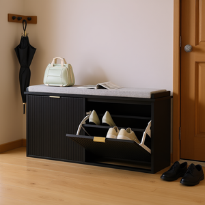 Banc de rangement pour chaussures avec siège rembourré, tiroir rabattable, armoire à chaussures d'entrée, noir, 40,9x10,2x18,7 pouces, design contemporain - Product Image 2