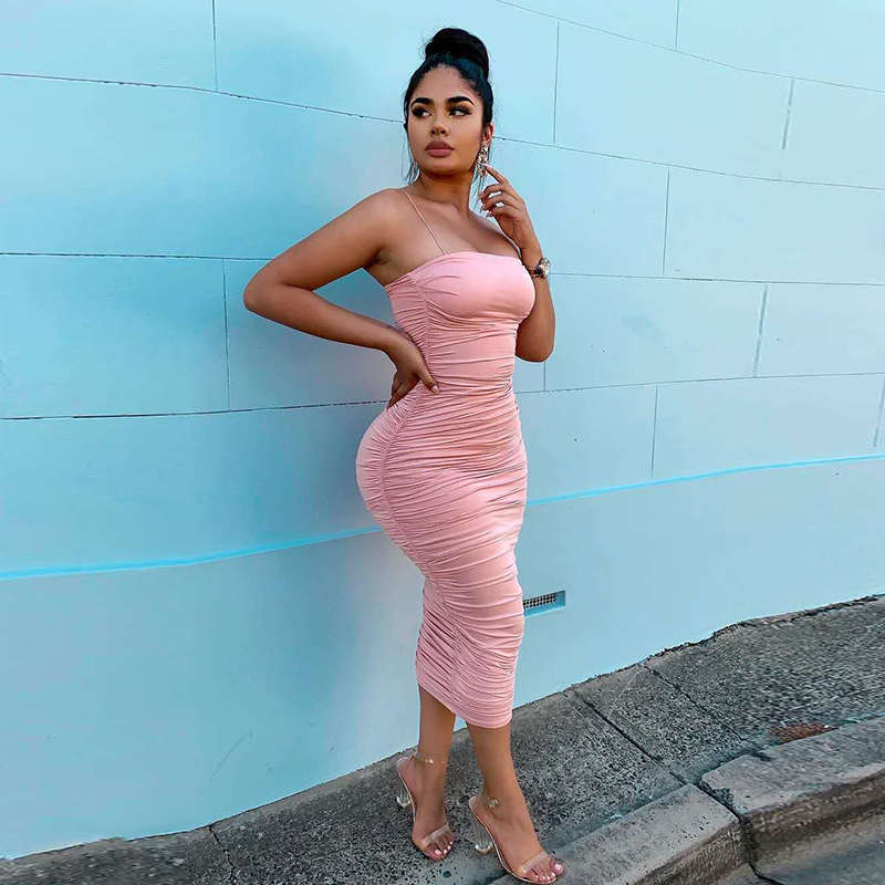 Fashion Vrouwen Spaghetti Ruches Neon Roze Wit Bodycon Jurk